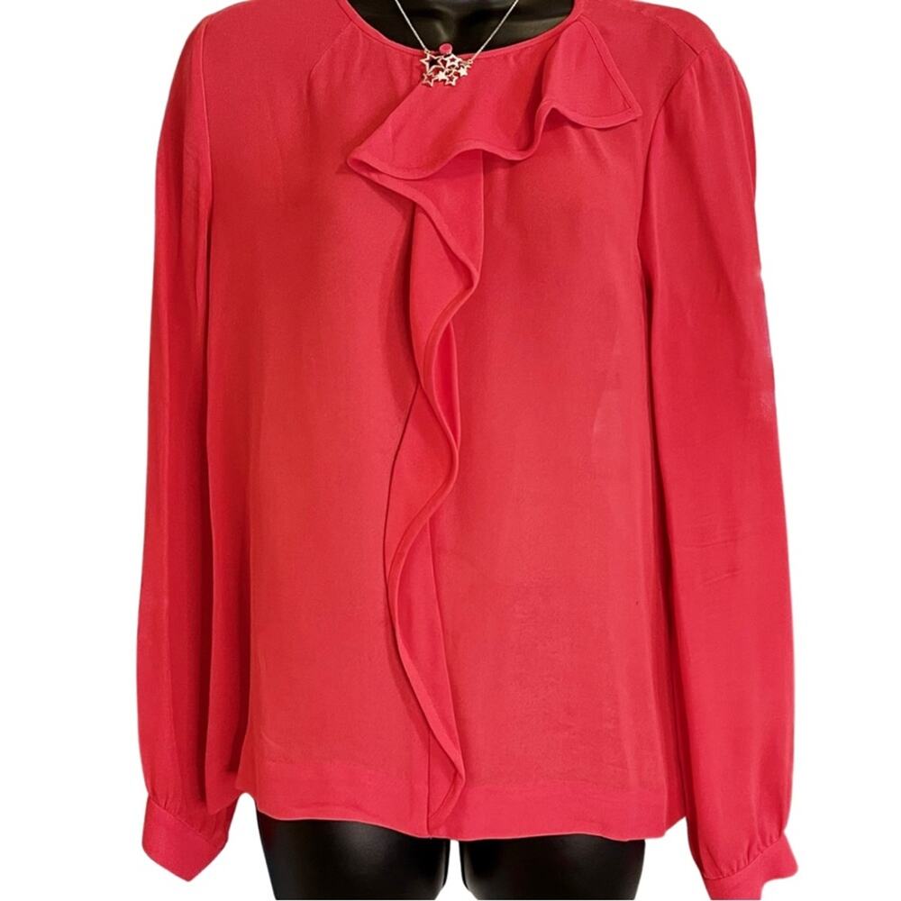 Kate Spade Bright Pink Ruffle Front Long-Sleeved Blouse Small